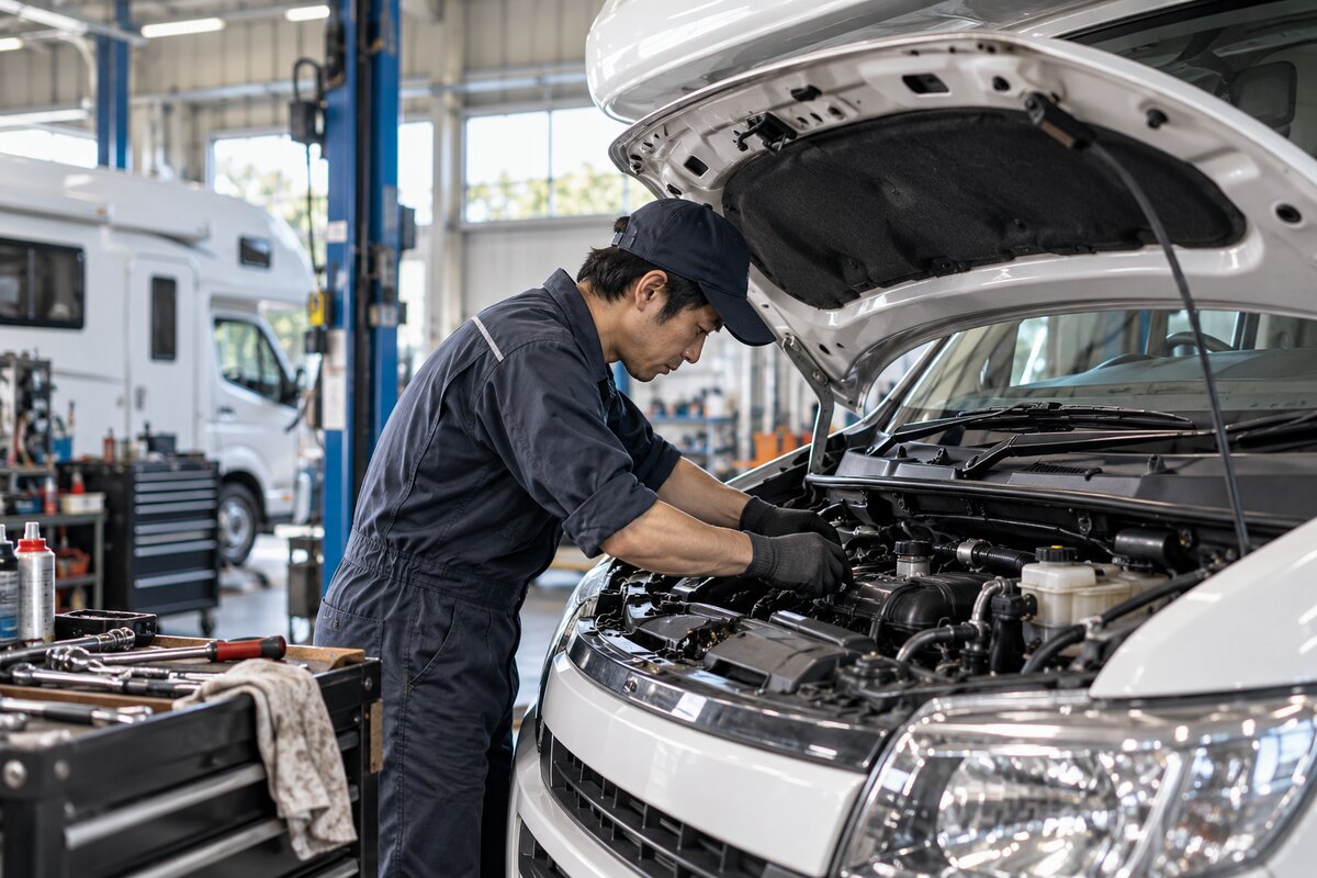 自社工場でメカニックが車を整備している様子 — 自社工場完備・整備力で加点査定