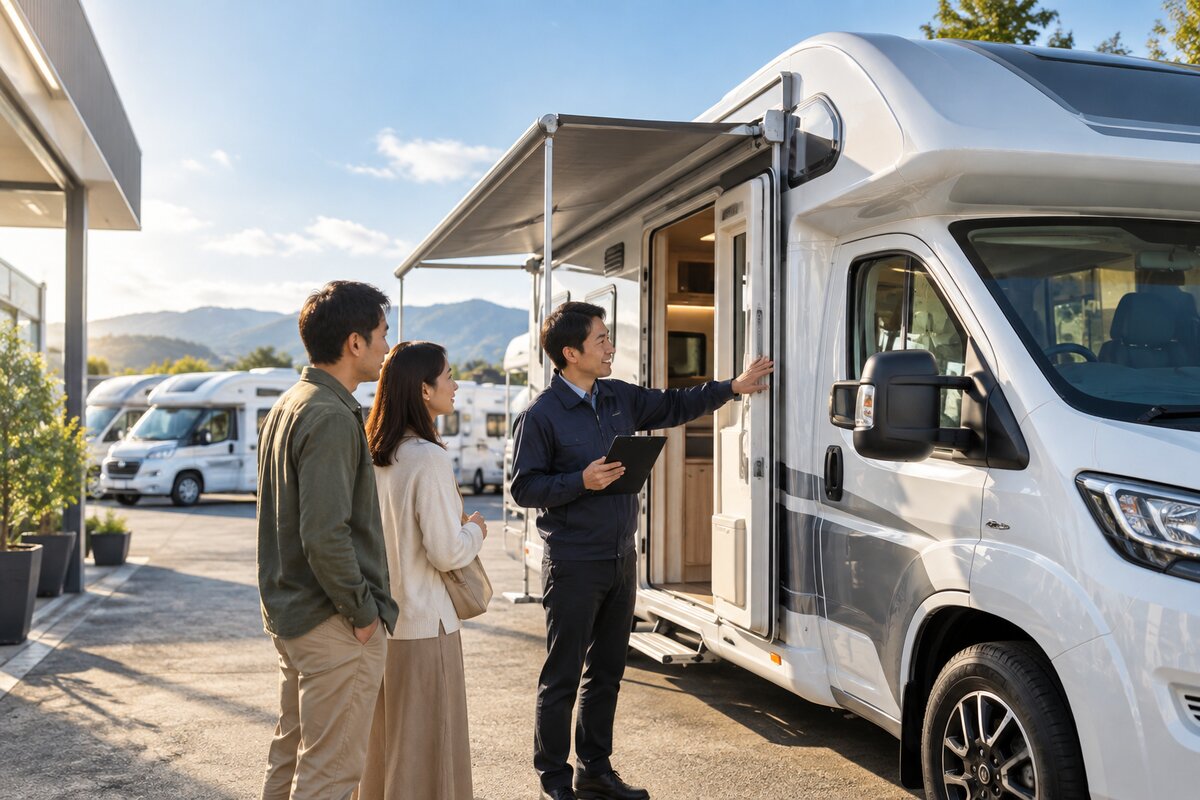 キャンピングカー展示場でご家族にご案内 — 日本RV協会（JRVA）加盟店
